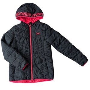 Under Armour ColdGear Hooded Jacket Black Pink Youth YLG Girls Puffer